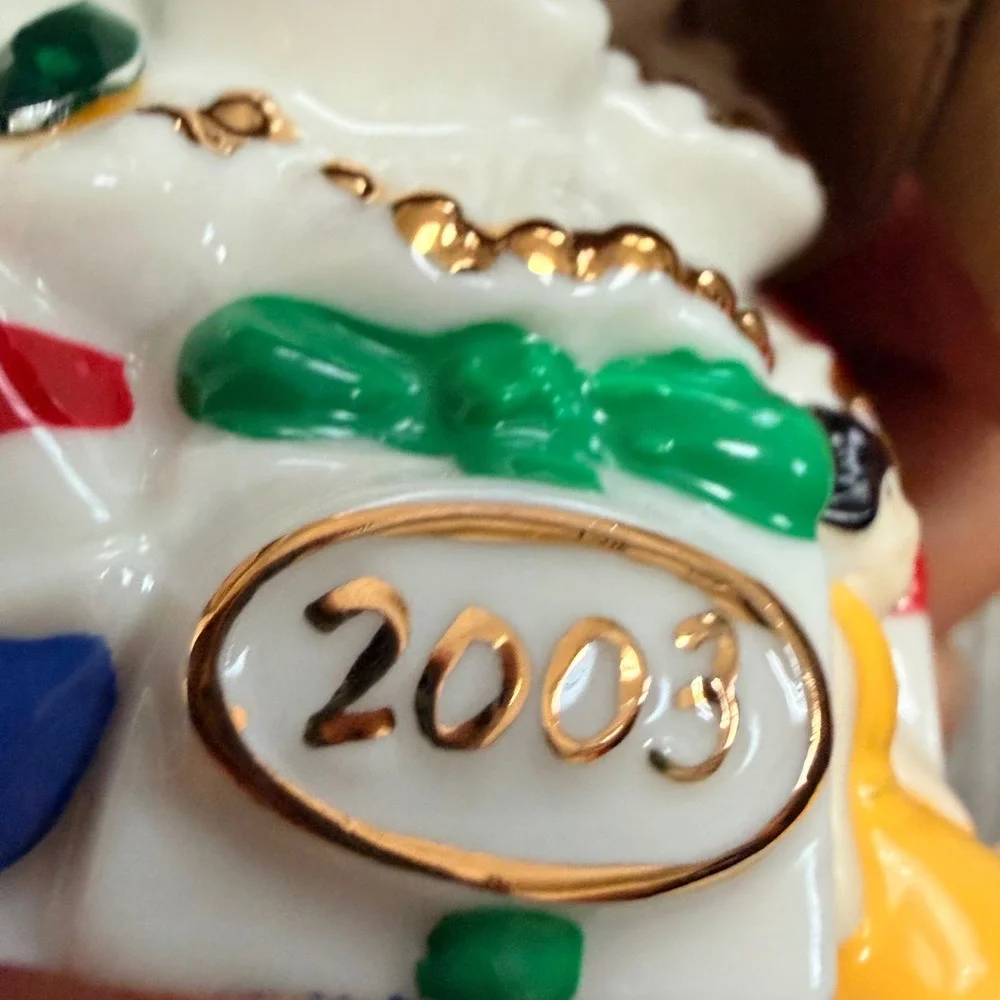 Vintage 2003 Ceramic White Christmas Tree & Plush Bear Gift Box Ornament Set